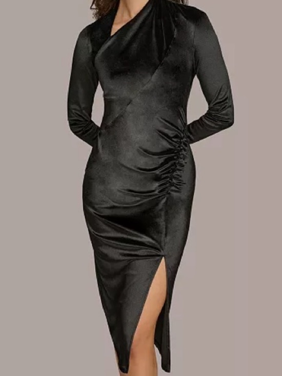 Donna Karan Dresses & Skirts - Donna Karan Black Long-Sleeve Velvet Ruched Midi Dress with Side Slit Size 24W